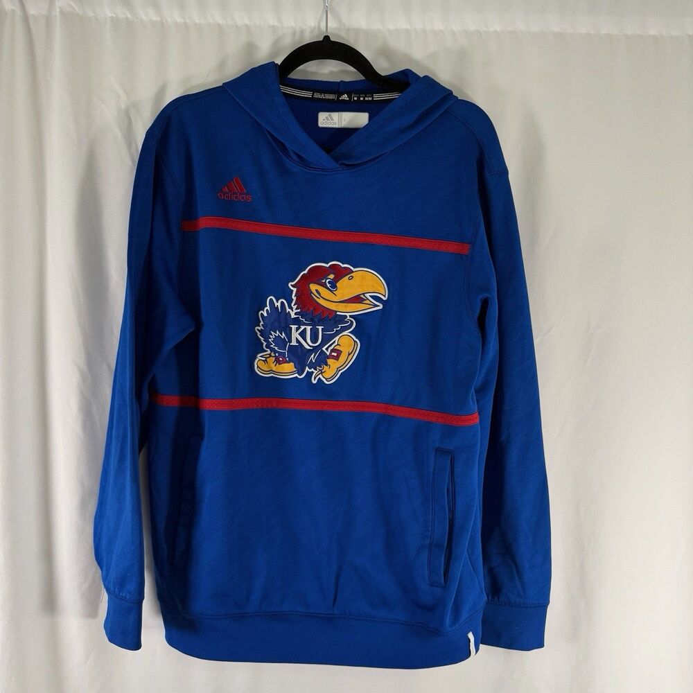 KU Jayhawks ADIDAS Hoodie Men's Medium Blue Pullover Pockets Patch